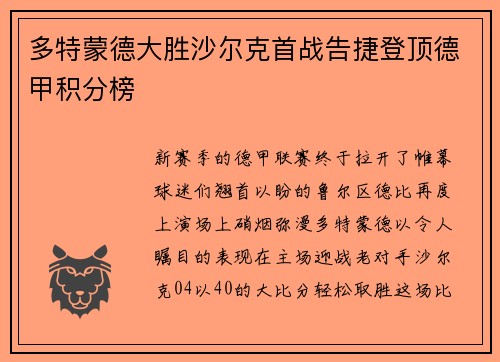 多特蒙德大胜沙尔克首战告捷登顶德甲积分榜