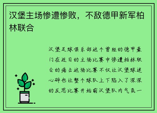 汉堡主场惨遭惨败，不敌德甲新军柏林联合