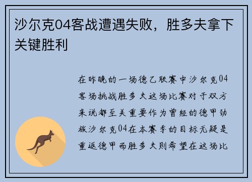 沙尔克04客战遭遇失败，胜多夫拿下关键胜利